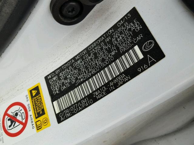 JTHKD5BH8D2150010 - 2013 LEXUS CT 200 WHITE photo 10