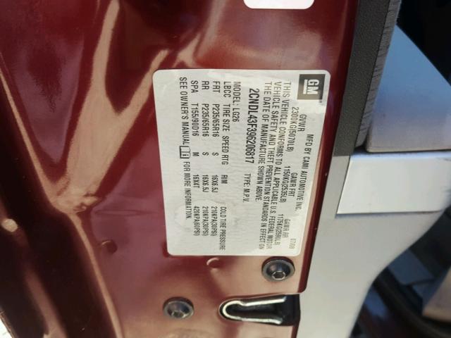 2CNDL43F396206817 - 2009 CHEVROLET EQUINOX LT BURGUNDY photo 10