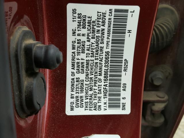 1HGFA16886L030656 - 2006 HONDA CIVIC EX RED photo 10