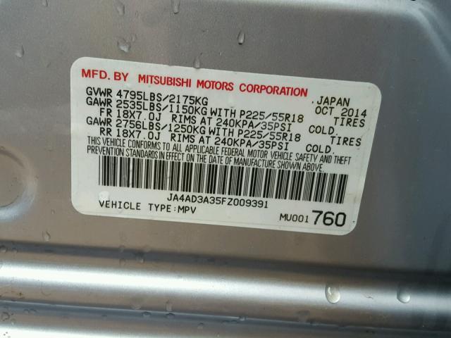 JA4AD3A35FZ009391 - 2015 MITSUBISHI OUTLANDER SILVER photo 10