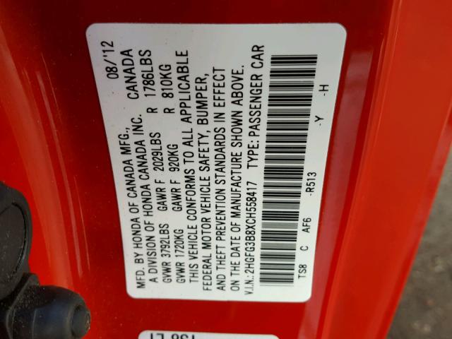 2HGFG3B8XCH558417 - 2012 HONDA CIVIC EX წითელი ფოტო 10