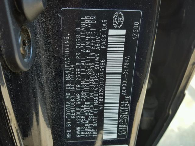 4T1BE32K04U346196 - 2004 TOYOTA CAMRY LE BLACK photo 10