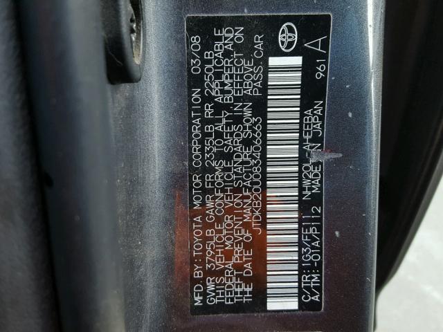 JTDKB20U083406663 - 2008 TOYOTA PRIUS GRAY photo 10