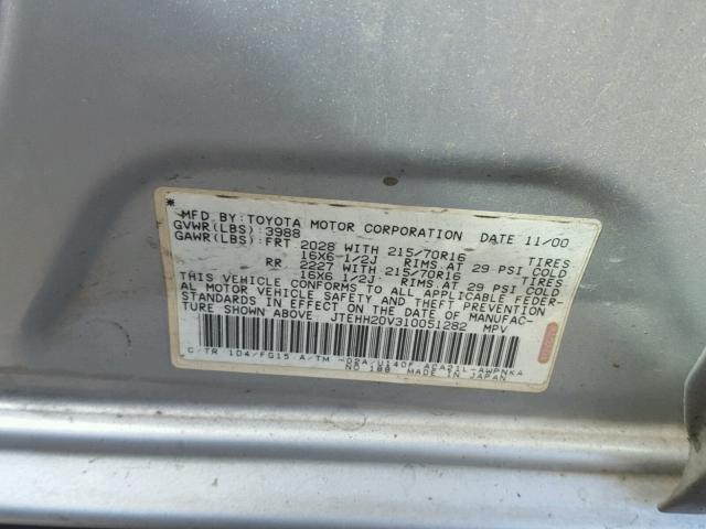 JTEHH20V310051282 - 2001 TOYOTA RAV4 L SILVER photo 10