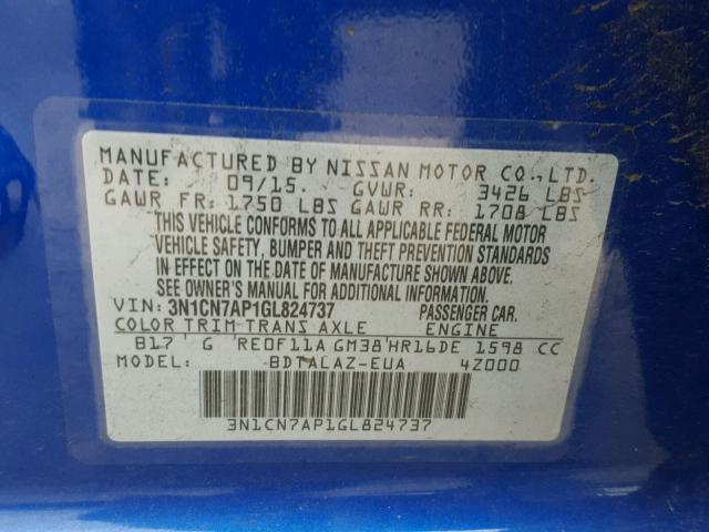 3N1CN7AP1GL824737 - 2016 NISSAN VERSA S BLUE photo 10