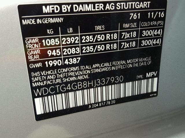 WDCTG4GB8HJ337930 - 2017 MERCEDES-BENZ GLA 250 4M SILVER photo 10