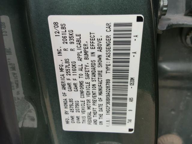 1HGCP368X9A028789 - 2009 HONDA ACCORD EXL GREEN photo 10