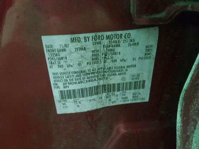 2FMDK49CX8BA38079 - 2008 FORD EDGE LIMIT RED photo 10