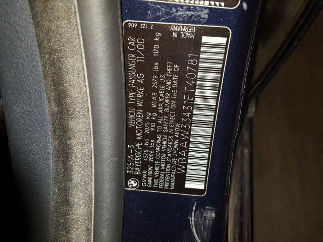 WBAAW33431ET40781 - 2001 BMW 325 IT BLUE photo 10