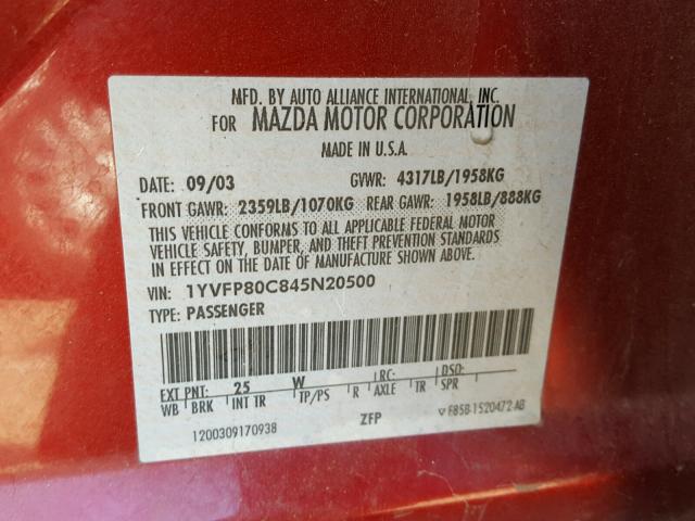 1YVFP80C845N20500 - 2004 MAZDA 6 I RED photo 10