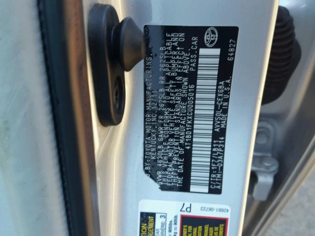 4T1BD1FKXCU005016 - 2012 TOYOTA CAMRY HYBR SILVER photo 10