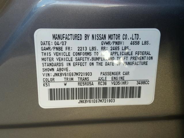 JNKBV61E67M721903 - 2007 INFINITI G35 SILVER photo 10