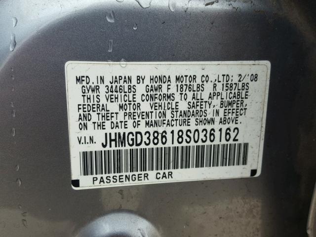 JHMGD38618S036162 - 2008 HONDA FIT SPORT SILVER photo 10