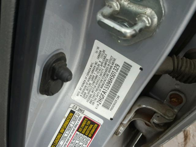 2HGFA15596H501329 - 2006 HONDA CIVIC LX SILVER photo 10