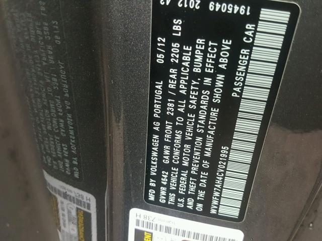 WVWFW7AH4CV021995 - 2012 VOLKSWAGEN EOS LUX Графитовый фото 10