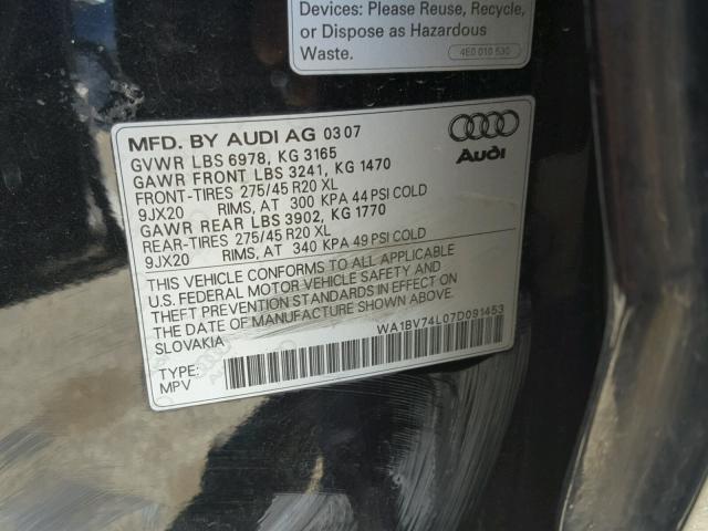 WA1BV74L07D091453 - 2007 AUDI Q7 4.2 QUA BLACK photo 10