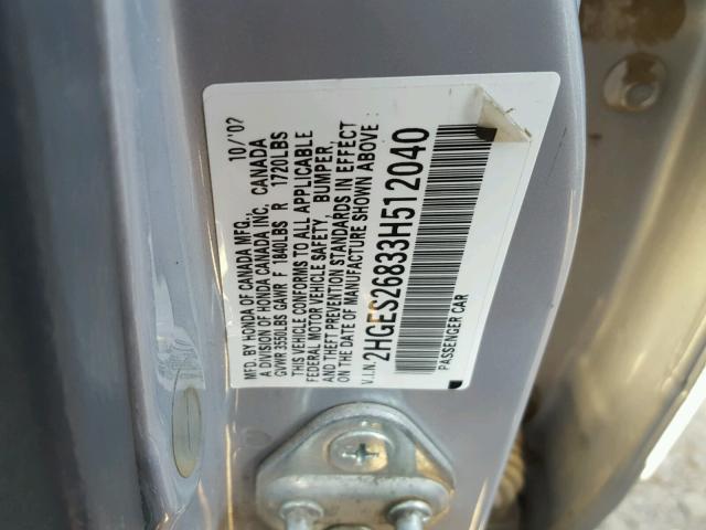 2HGES26833H512040 - 2003 HONDA CIVIC EX 银色 照片 10