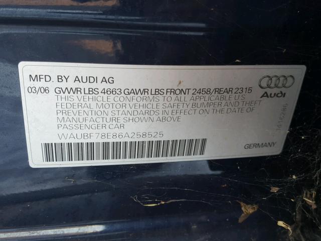 WAUBF78E86A258525 - 2006 AUDI A4 S-LINE BLUE photo 10