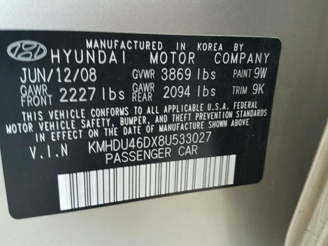 KMHDU46DX8U533027 - 2008 HYUNDAI ELANTRA GL GOLD photo 10