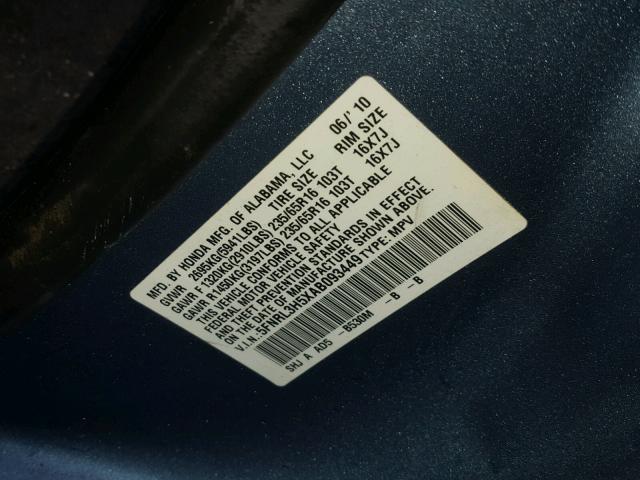 5FNRL3H5XAB093449 - 2010 HONDA ODYSSEY EX BLUE photo 10