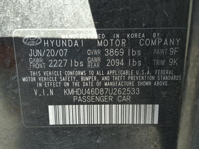 KMHDU46D87U262533 - 2007 HYUNDAI ELANTRA GL BLACK photo 10