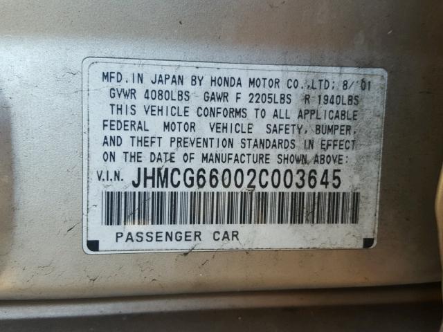 JHMCG66002C003645 - 2002 HONDA ACCORD EX GOLD photo 10