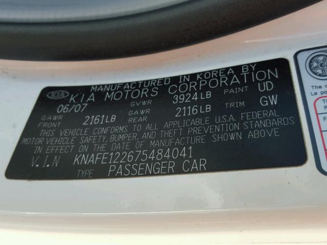 KNAFE122675484041 - 2007 KIA SPECTRA EX WHITE photo 10