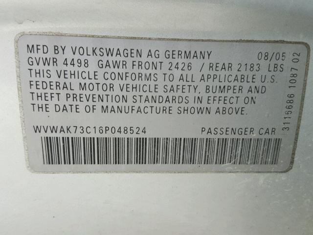 WVWAK73C16P048524 - 2006 VOLKSWAGEN PASSAT 2.0 GRAY photo 10