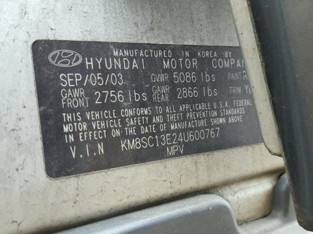 KM8SC13E24U600767 - 2004 HYUNDAI SANTA FE G SILVER photo 10