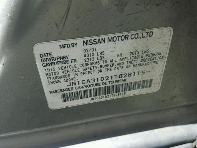 JN1CA31D21T828115 - 2001 NISSAN MAXIMA GXE SILVER photo 10