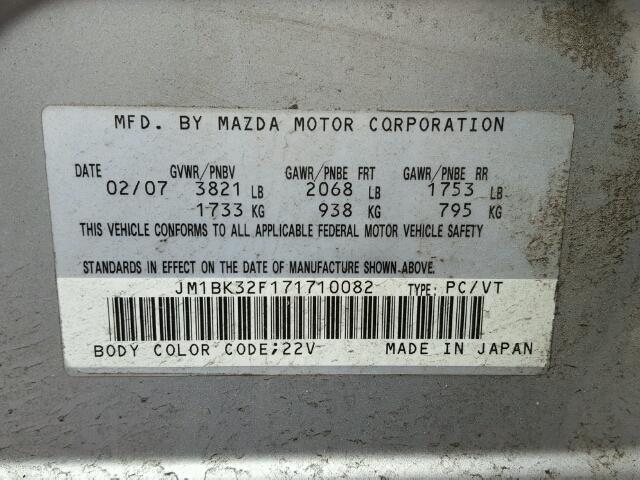 JM1BK32F171710082 - 2007 MAZDA 3 I SILVER photo 10