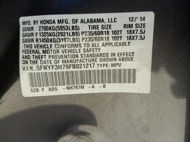 5FNYF3H79FB021217 - 2015 HONDA PILOT EXLN GRAY photo 10