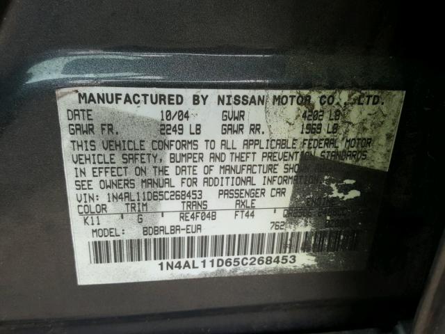 1N4AL11D65C268453 - 2005 NISSAN ALTIMA S GRAY photo 10