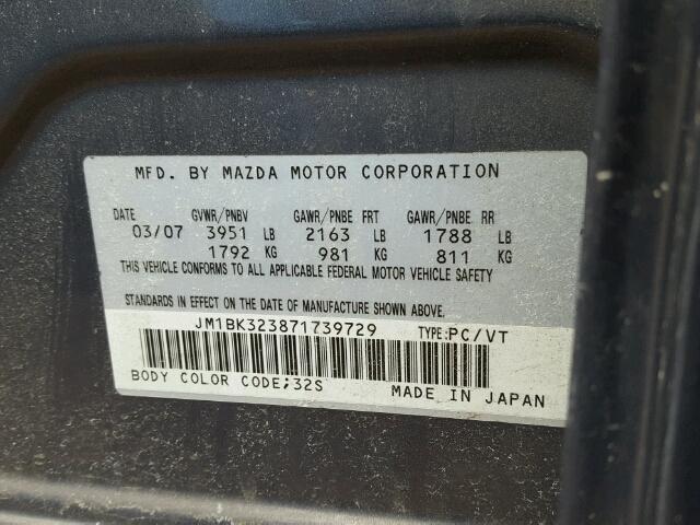 JM1BK323871739729 - 2007 MAZDA 3 S GRAY photo 10