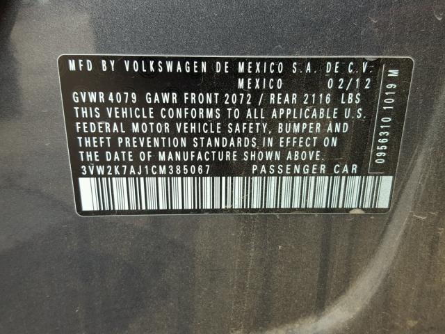 3VW2K7AJ1CM385067 - 2012 VOLKSWAGEN JETTA BASE ნაცრისფერი ფოტო 10