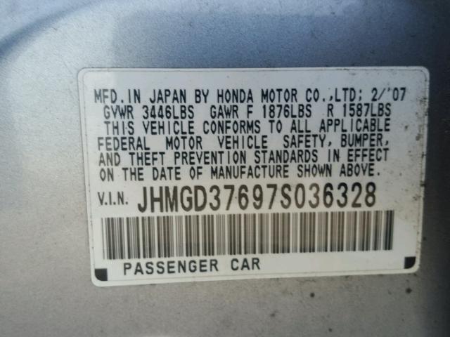 JHMGD37697S036328 - 2007 HONDA FIT S ნაცრისფერი ფოტო 10