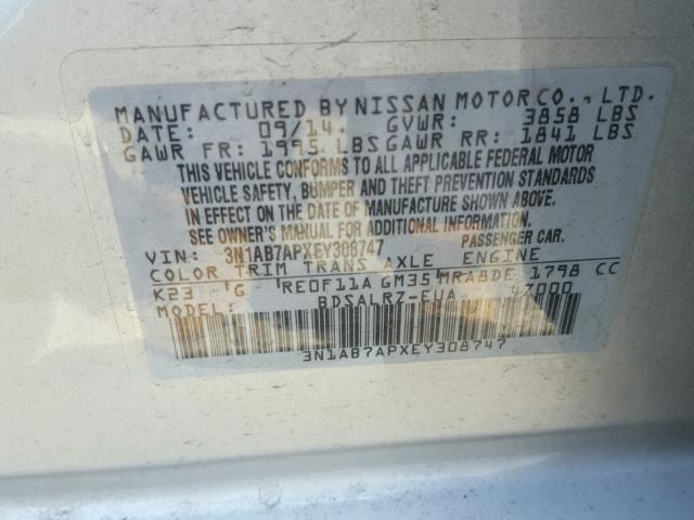 3N1AB7APXEY308747 - 2014 NISSAN SENTRA S SILVER photo 10