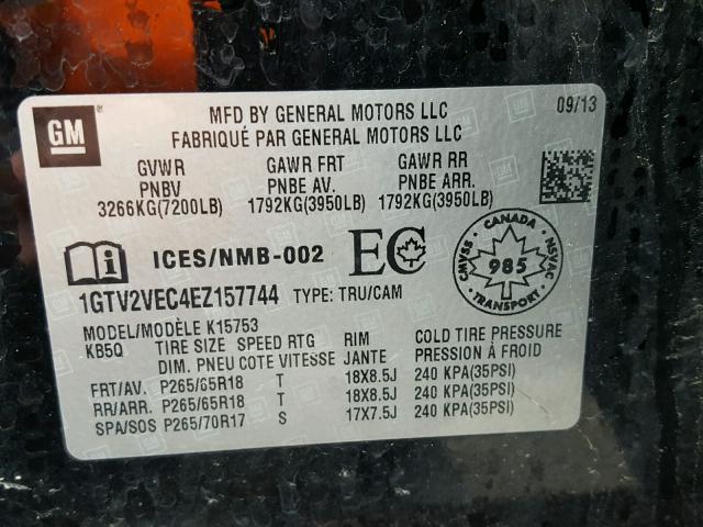 1GTV2VEC4EZ157744 - 2014 GMC SIERRA K15 BLACK photo 10