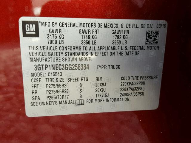 3GTP1NEC3GG258384 - 2016 GMC SIERRA C15 MAROON photo 10