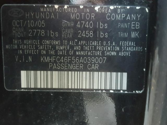 KMHFC46F56A039007 - 2006 HYUNDAI AZERA SE BLACK photo 10