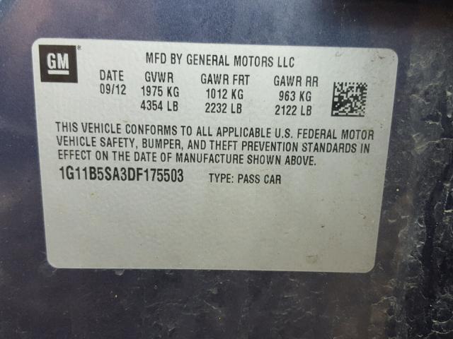 1G11B5SA3DF175503 - 2013 CHEVROLET MALIBU LS ლურჯი ფოტო 10