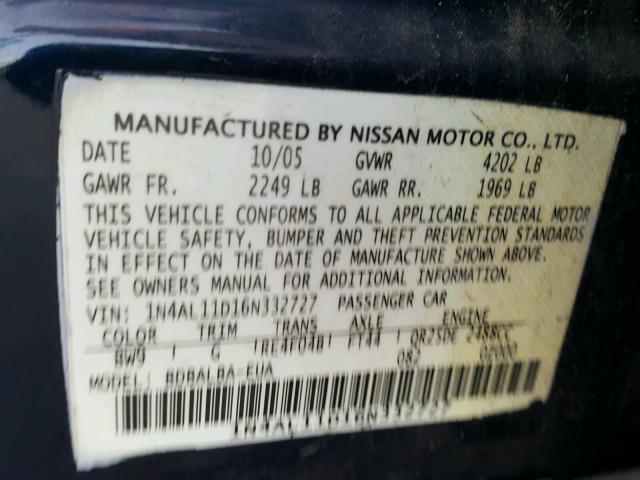 1N4AL11D16N332727 - 2006 NISSAN ALTIMA S BLUE photo 10