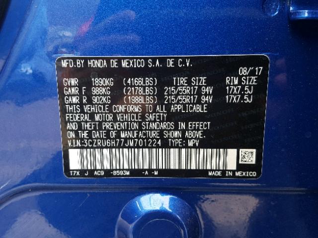 3CZRU6H77JM701224 - 2018 HONDA HR-V EXL BLUE photo 10