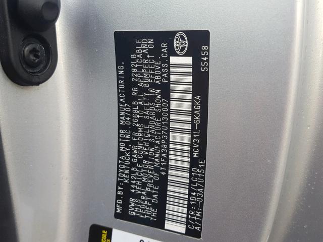 4T1FA38P37U130007 - 2007 TOYOTA CAMRY SOLA SILVER photo 10