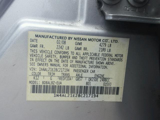 1N4AL21E28C217194 - 2008 NISSAN ALTIMA 2.5 SILVER photo 10