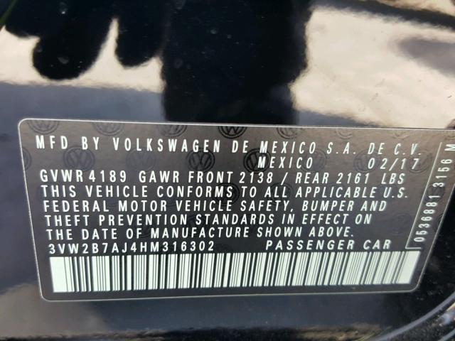 3VW2B7AJ4HM316302 - 2017 VOLKSWAGEN JETTA S 黑色 照片 10