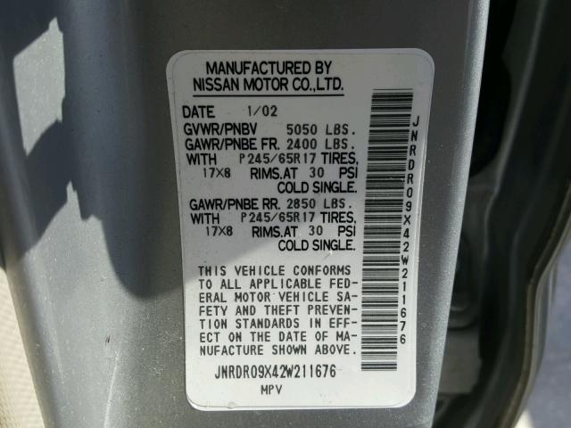 JNRDR09X42W211676 - 2002 INFINITI QX4 SILVER photo 10