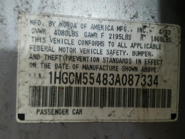 1HGCM55483A087334 - 2003 HONDA ACCORD LX SILVER photo 10