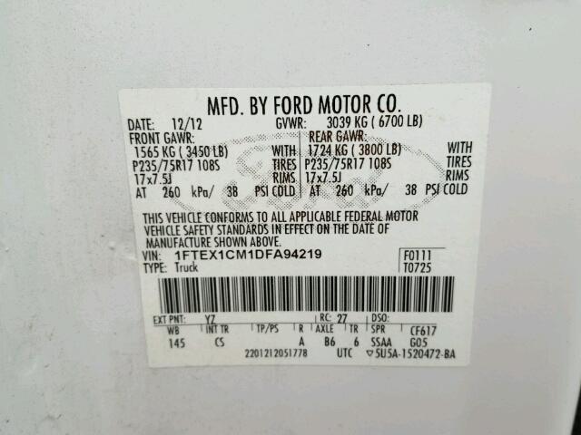 1FTEX1CM1DFA94219 - 2013 FORD F150 SUPER WHITE photo 10