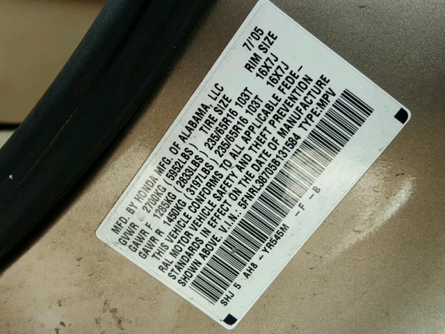 5FNRL38705B131584 - 2005 HONDA ODYSSEY EX TAN photo 10